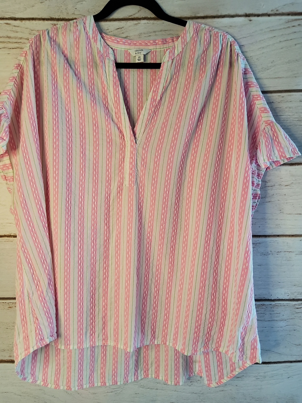 croft & barrow Pink and White Striped V-Neck Blouse